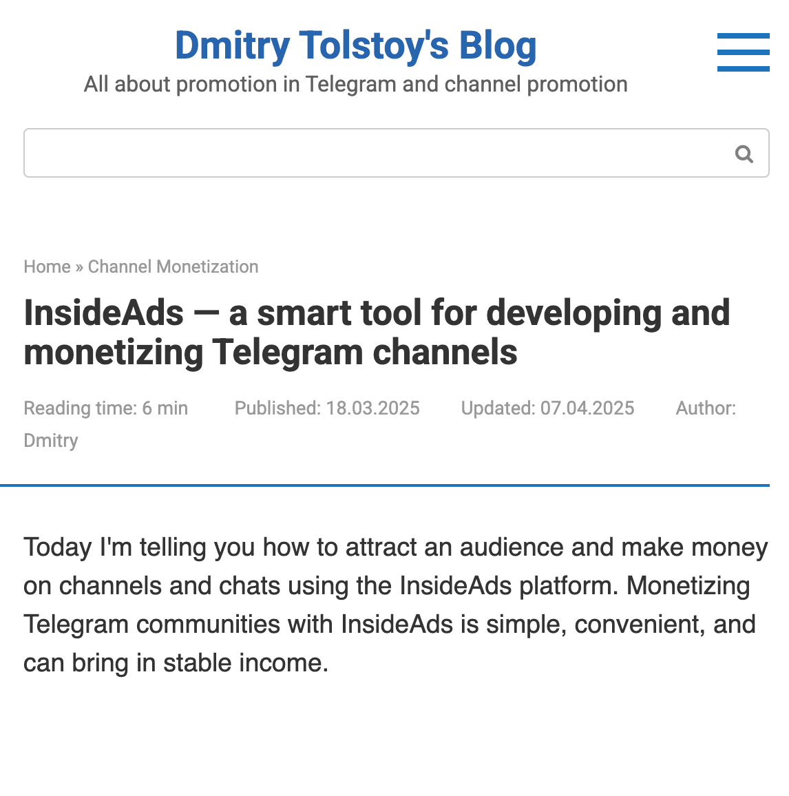 InsideAds — a smart tool for developing and monetizing Telegram channels